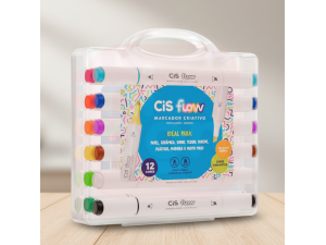 Marcador Criativo CIS Flow 12 Cores – Estojo Maleta - Ponta Dupla 